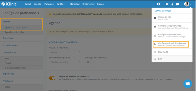 Configurações de Profissionais → Agenda → Agenda do Profissional de Saúde.