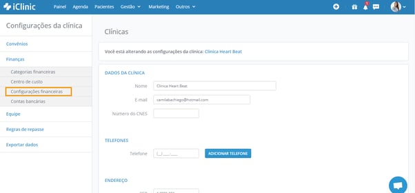 configurações financeiras